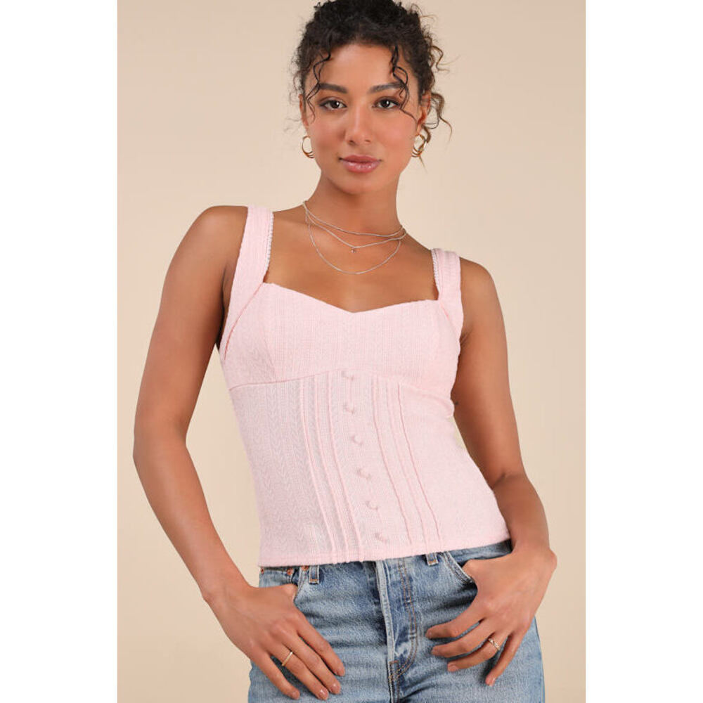 Lulus Calanthe Light Pink Pointelle Knit Button-front Tank Top - Size XS